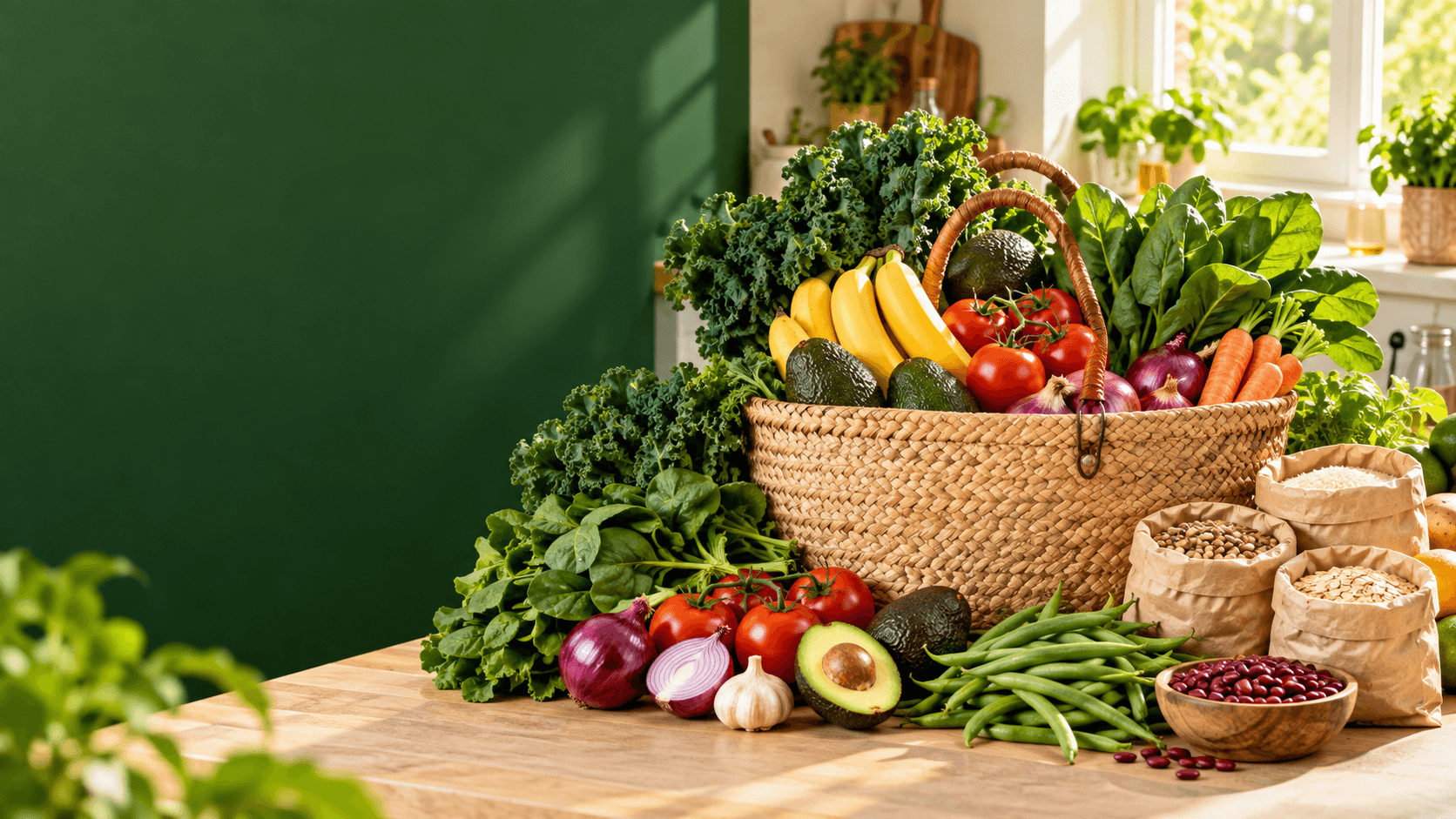 A basket of fresh groceries and pantry staples